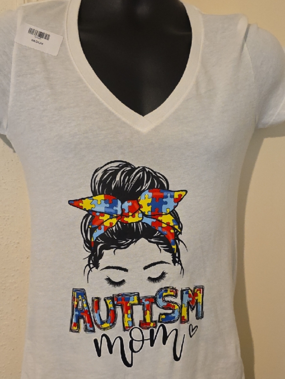 Autism Mom Puzzle-Print V-Neck Tee - White - Picture 4 of 7